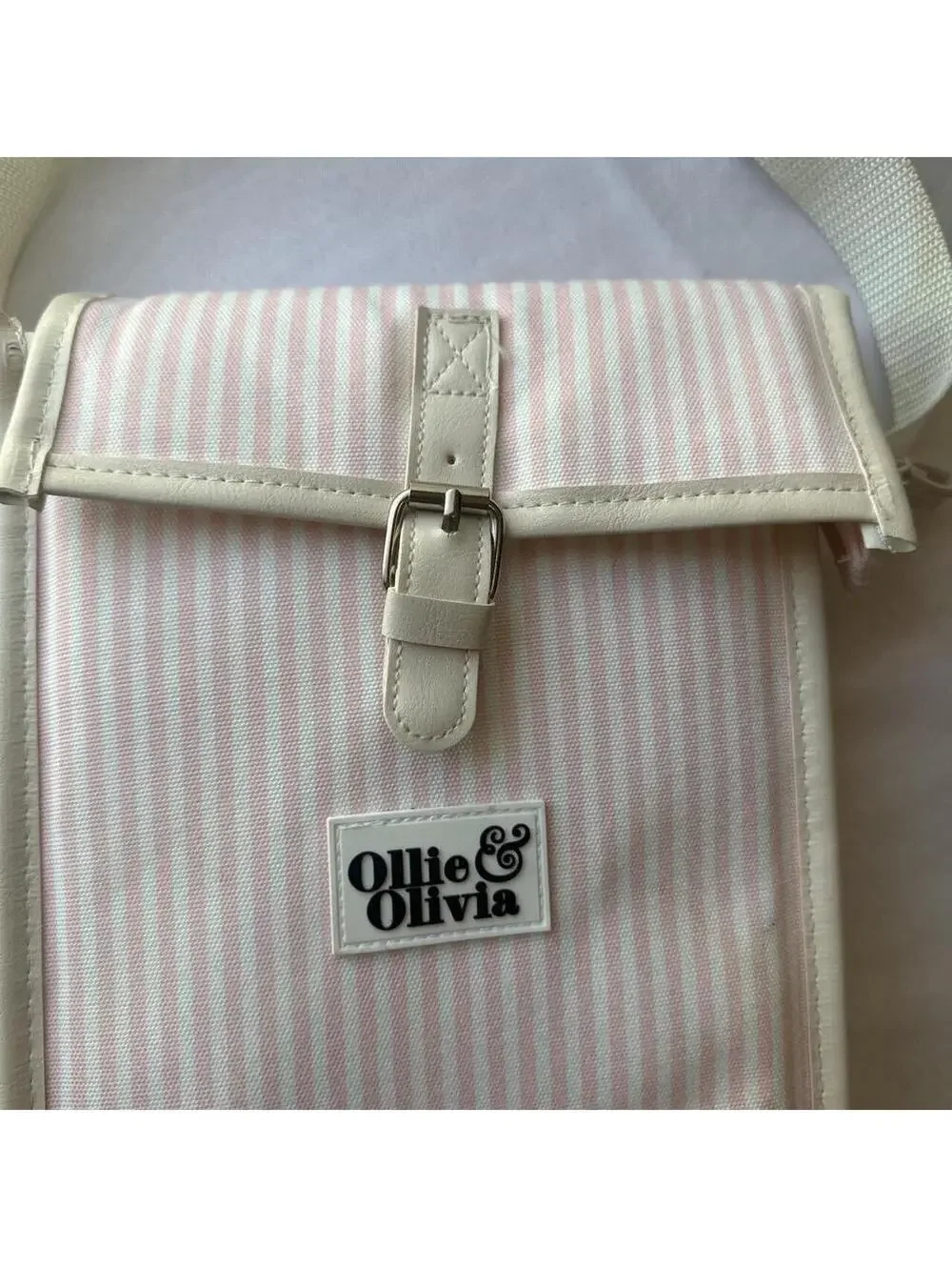 Ollie & Olivia Pink and White Striped Crossbody Bag with Lemon Print Interior